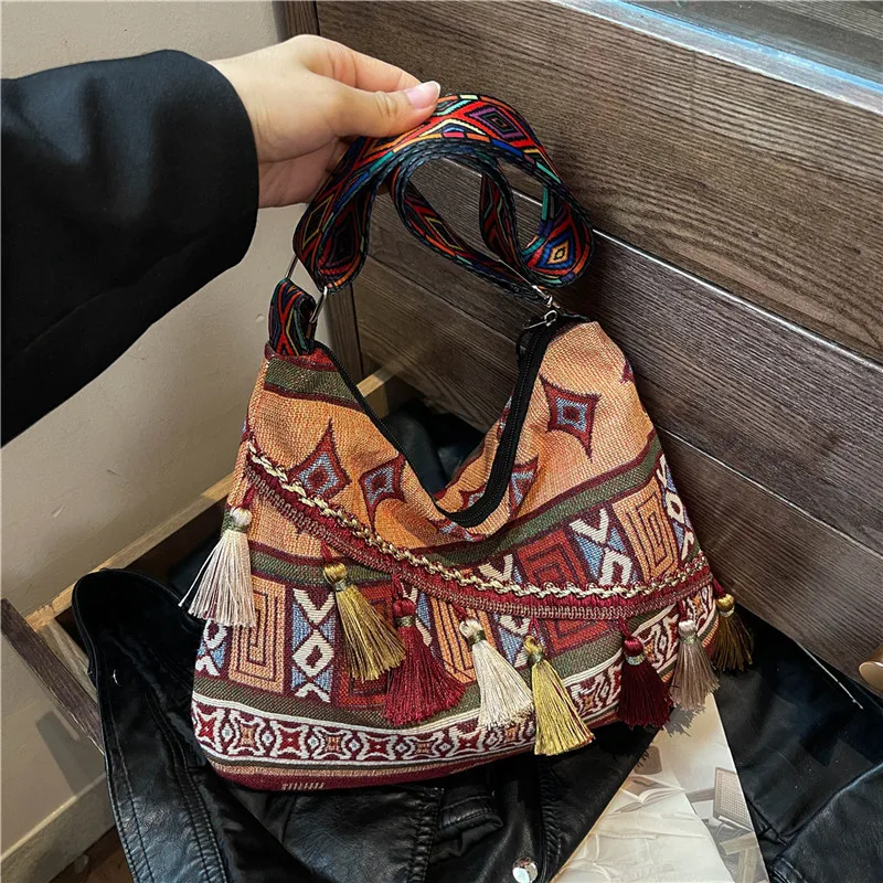

Новая винтажная богемная сумка на плечо с бахромой, женская сумка с кисточками в стиле бохо, хиппи, цыганская женская сумка с бахромой, открытая сумка, кошельки и сумки