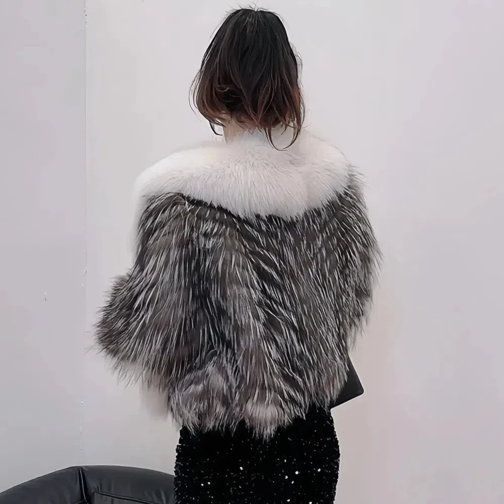 Hot sales luxur fur Jacket Winter new Imported high-end silver fox striped Finnish fox fur large fur collar short women coat