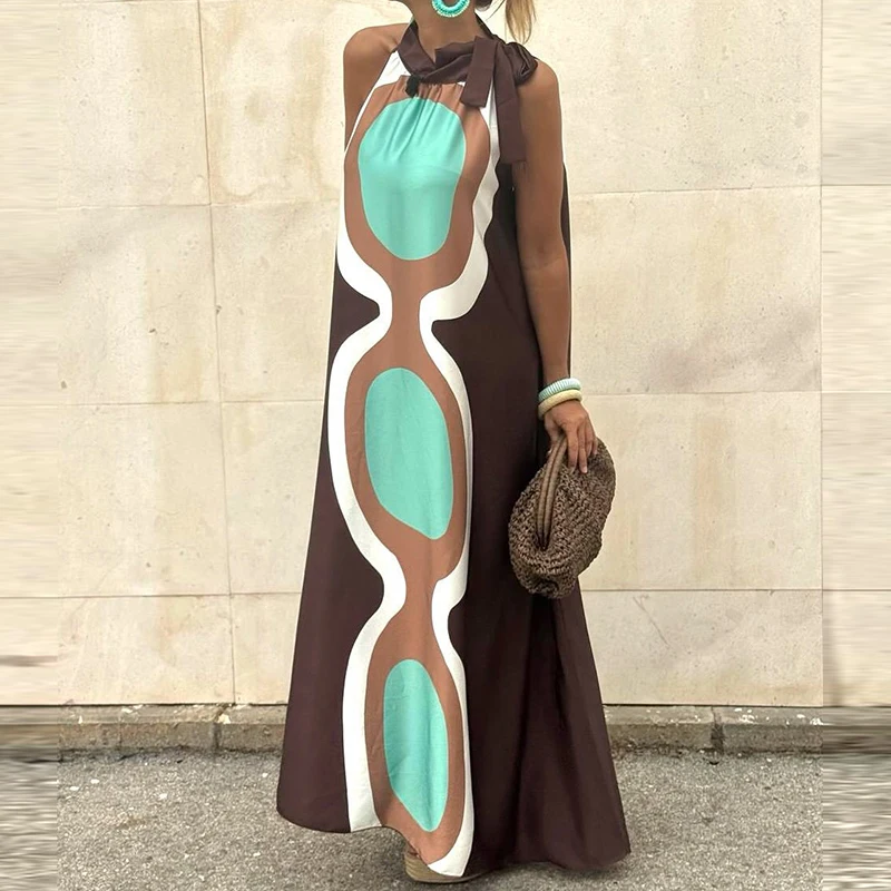 Verão elegante o-pescoço rendas vestido de férias feminino casual sem mangas solto vestido de festa moda padrão impresso bohe vestido longo