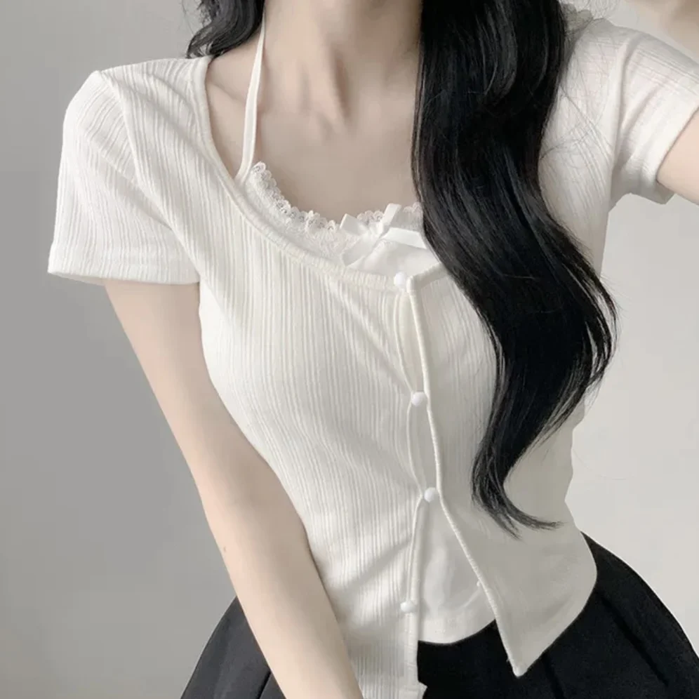 Korean Style Chic Lace Halter Neck Slimming Pure Desire Atmosphere Waist-Cinching T-Shirt Women's Short Sleeve Commute Style
