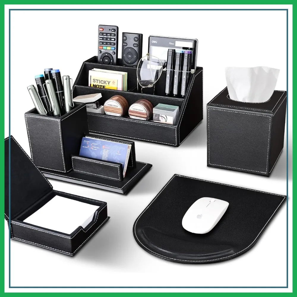 

5 Pcs Desk Organizer Set, Pu Leather Office Accessories with Tissue Holder, Mouse Pad, Note Pad, Pencil Holder, Black