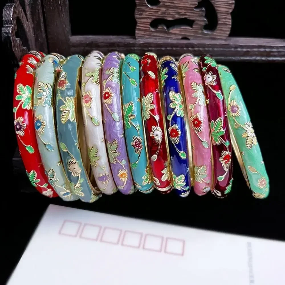 Chinese Retro Women's Bracelets Enamel Cloisonne Bracelet Fine Small Flower Ethnic Style Jewelry Gifts for Women Girl Bangles