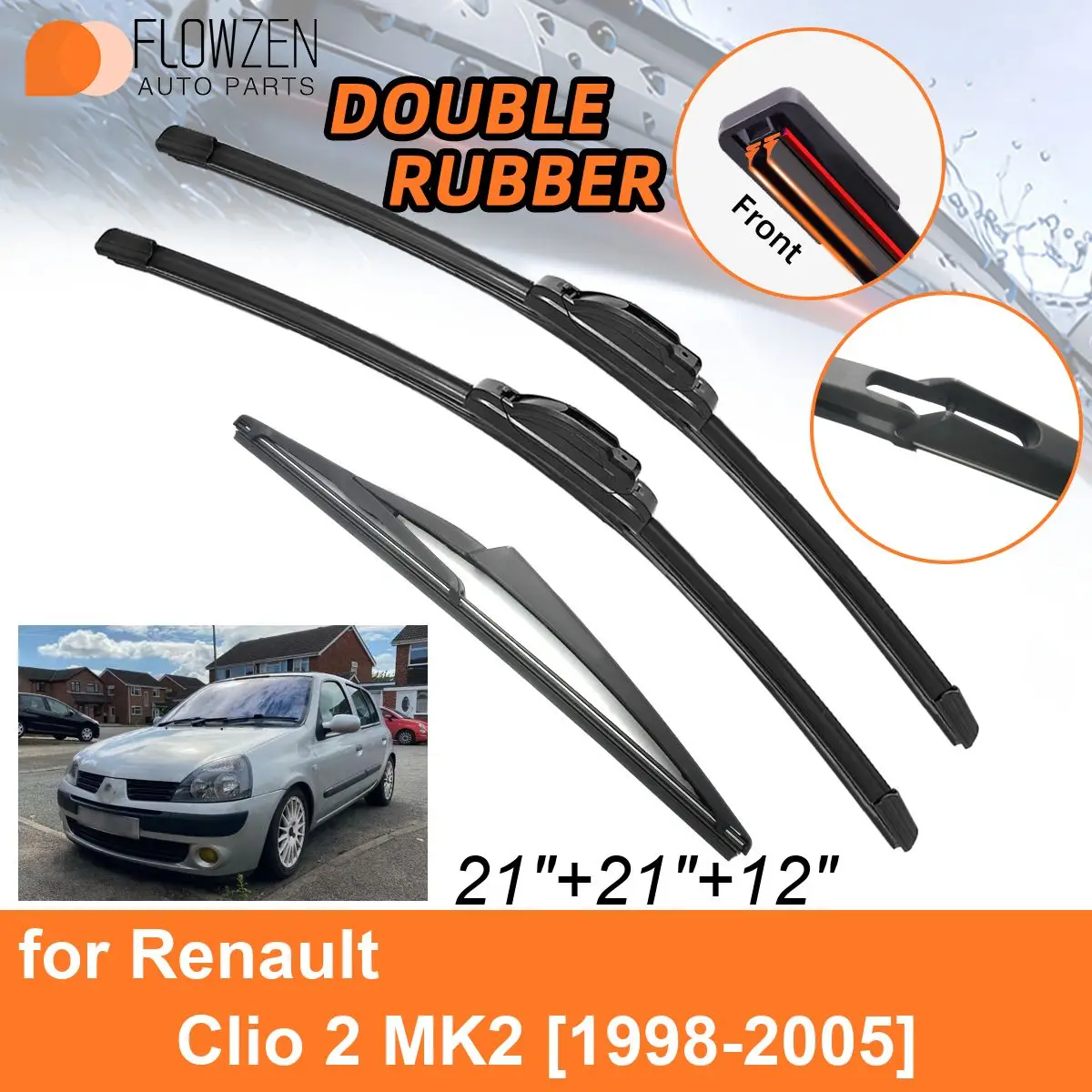 Double Rubber Car Wiper Blades for Renault Clio 2 MK2 1998-2005 Rear Blades Accessories 1998 1999 2000 2001 2002 2003 2004 2005