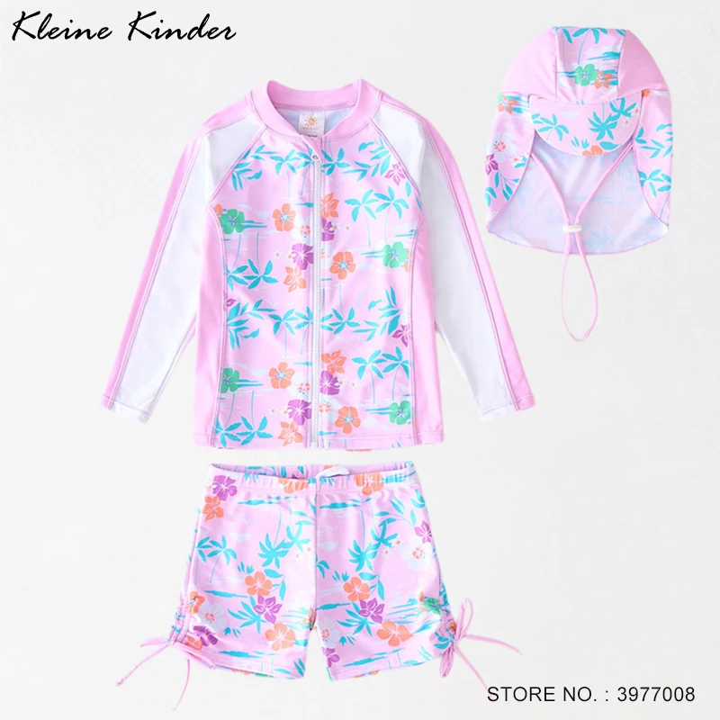 Swimsuit Girl Zipper Up Children Swimming Suit Rash Guard Long Sleeve Girls Swimwear Floral UPF50 Beach Wear Kids Bathing Suits