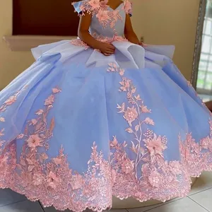 Blaues luxuriöses Blumenkleid für Hochzeit, Prinzessin -Ball -Kleider für Babys, Spitzenapplikationen, Außenschulter, V -Neckline, Erstkommunionskleid 10 Hauptverkaufskleiderbraut Tante - №10