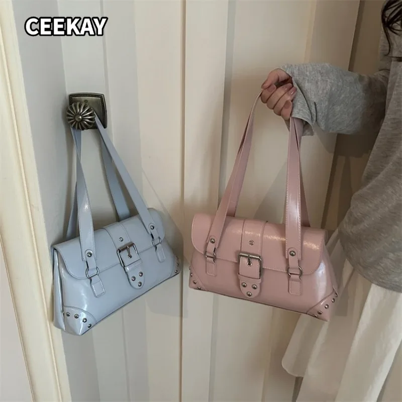 CEEKAY Women's Glossy PU Leather Large Flap Shoulder Handbag Square Buckle Detail Versatile Everyday Commute Casual Style