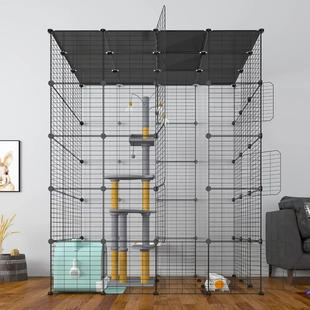 

Large Cat Cage Indoor Cat Playpen Metal Wire Kennels Crate Ideal for 1-4 Cats, 54 L x 41W x 69 H Inch, Black