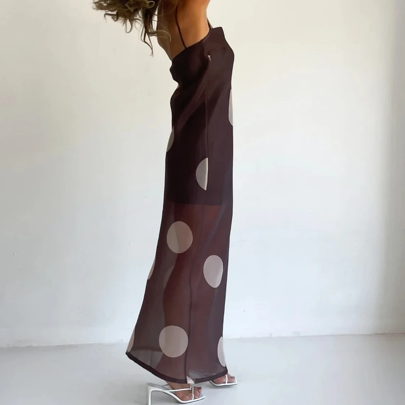 Robe longue à pois pour femme, bretelles spaghetti, maille transparente, robe longue sexy sans manches, dos nu, robes d'été élégantes pour femmes
