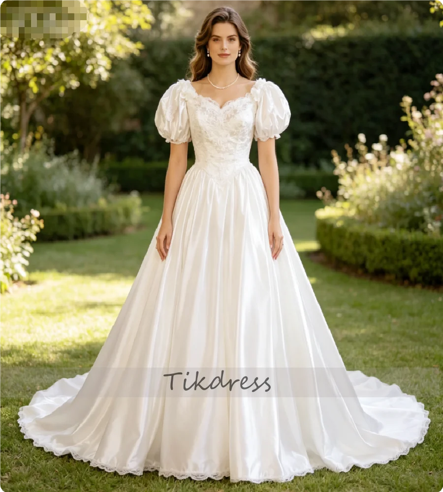 Elegant 1980s Wedding Dress Puff Sleeve A Line Soft Satin Drop Waist Vintage Bridal Gowns Lace Puffy Bubble Sleeves Reception