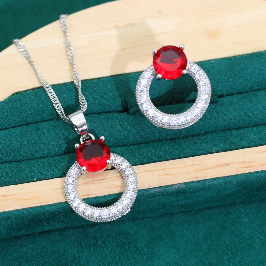 New Round Red Stone Bride Silver Color Wedding Jewelry Set for Women Earrings Ring Necklace Pendant Birthday Gift Daily Wear