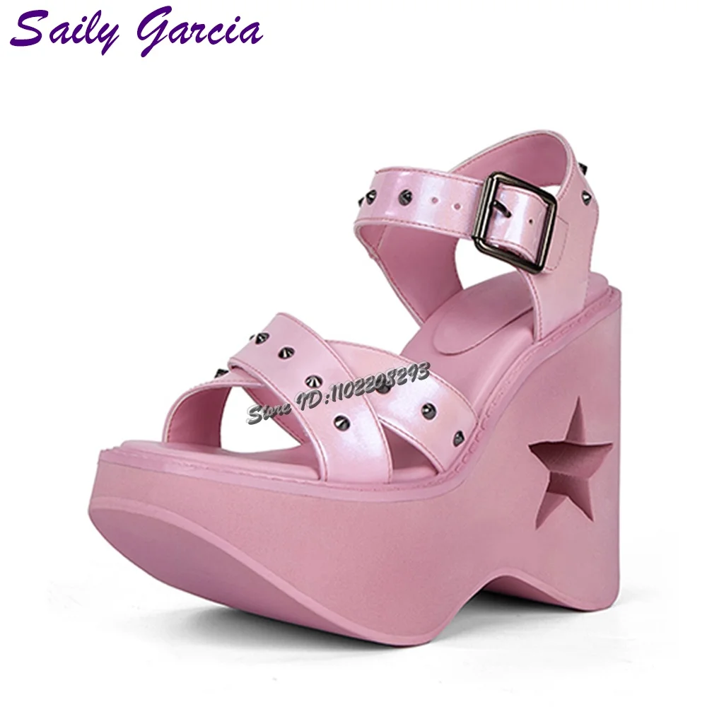 

Rivet Buckle Strap Sandals Pink Round Open Toe Platform Hollow Star High Heels 2025 Summer New Women Thick-sole Fashion Shoes