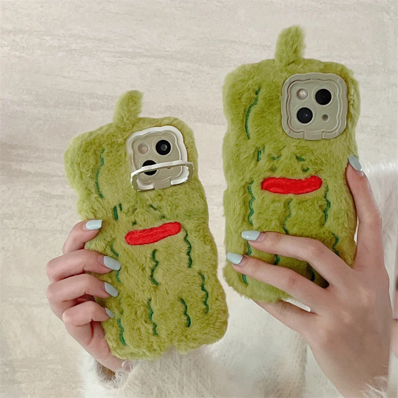 

Cute 3D Green bitter melon Plush Phone Case For iPhone 16 Pro 14 15 13 12 11 Pro Max Cover Kawaii Fluffy Silicone Cases For 16