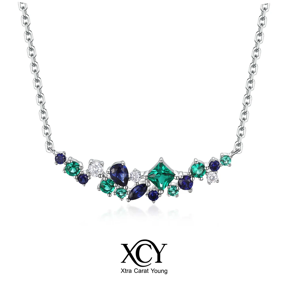 

Ожерелье XCY с лабораторными сапфирами, изумрудами и муассанитами смешанной огранки для женщин, серебро 925 пробы, изогнутый кластерный кулон, ювелирное украшение на годовщину, подарок
