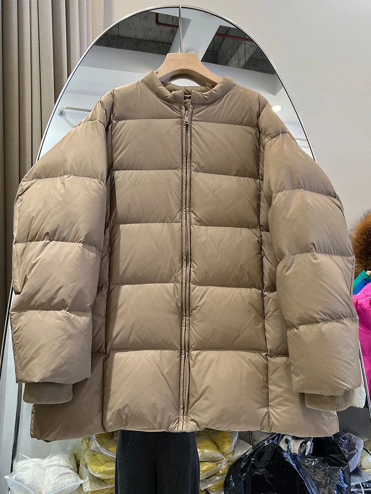 سترة نسائية ذات تصميم كوري متوسطة إلى طويلة ورقبة دائرية فضفاضة وسميكة وبسيطة #2