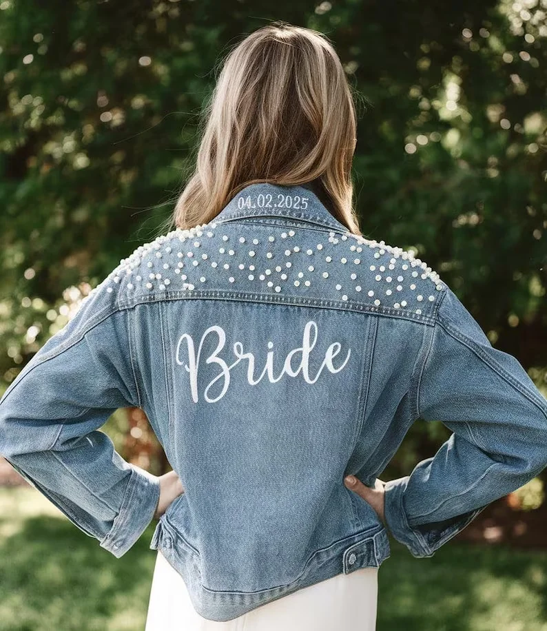 Embroidered Future Mrs Pearl Bride Jackets Custom Bride Jean Jacket Personalized Bridal Gift Wifey Customized Name Denim Coat