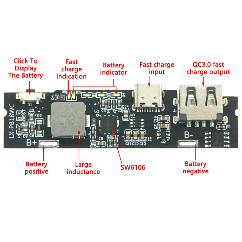 QC3.0 QC2.0 Dual USB 18W Type-C USB SW6106PD Fast Charge Mobile Power Bank 18650 Charging Module With Indicator