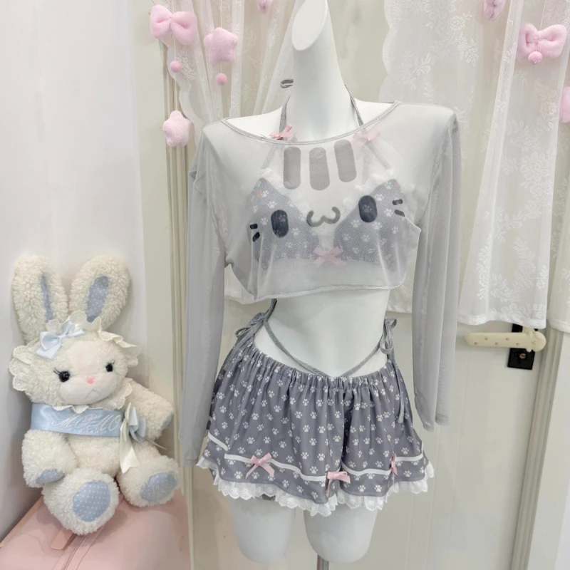 2026 New Sweet Kawaii Anime Cat Bikini Swimwear Set Women Lace Trim Bow Halter Neck Bikinis Slim Fit Sexy Beach Outfit