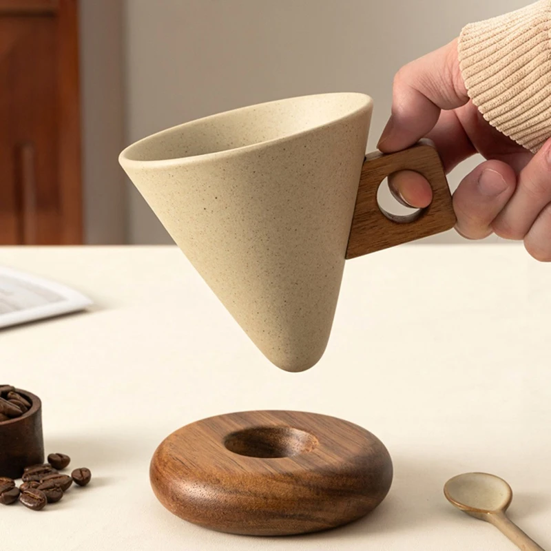 Ceramic Coffee Cup& Wood Base Spoon Set Retro Coffee Mug with Handle Household Exquisite Afternooon Tea Set for Woman Retail