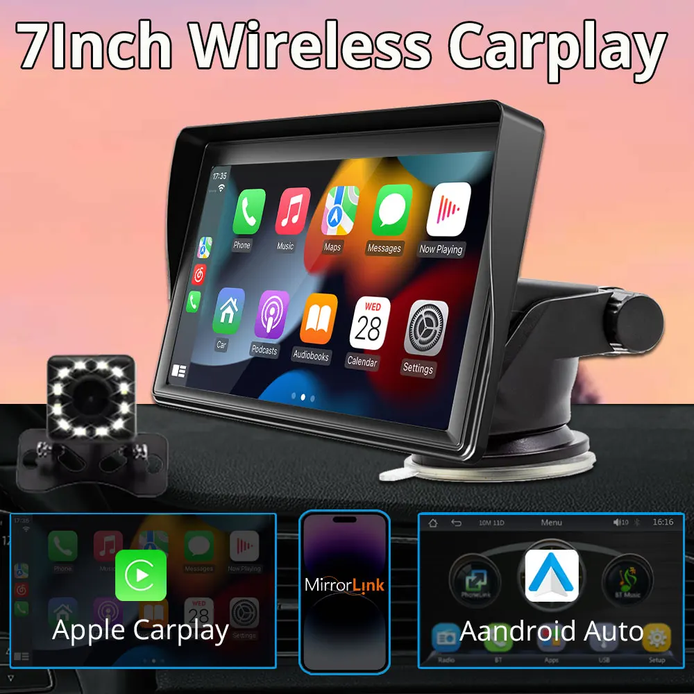 

Wireless Carplay Android Auto MIrrorlink 7Inch Portable Car Radio Bluetooth Universal Multimedia Video Player FM Car Stereo