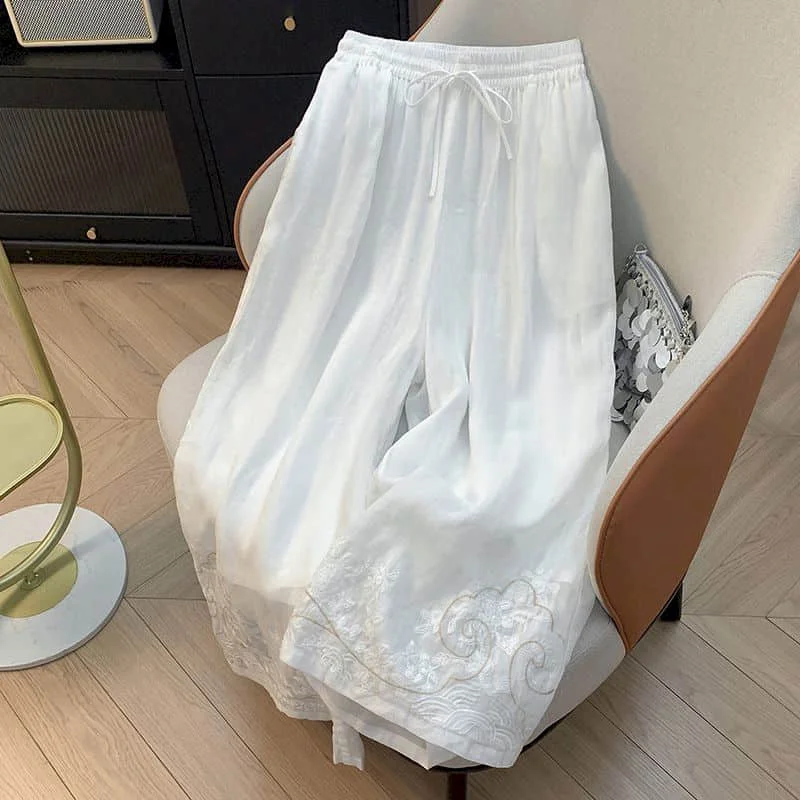 Straight Pants Women Summer Wear Vintage Embroidered Elastic Waist Double-layer Cotton Linen Trousers Casual Flowing Baggy Pants