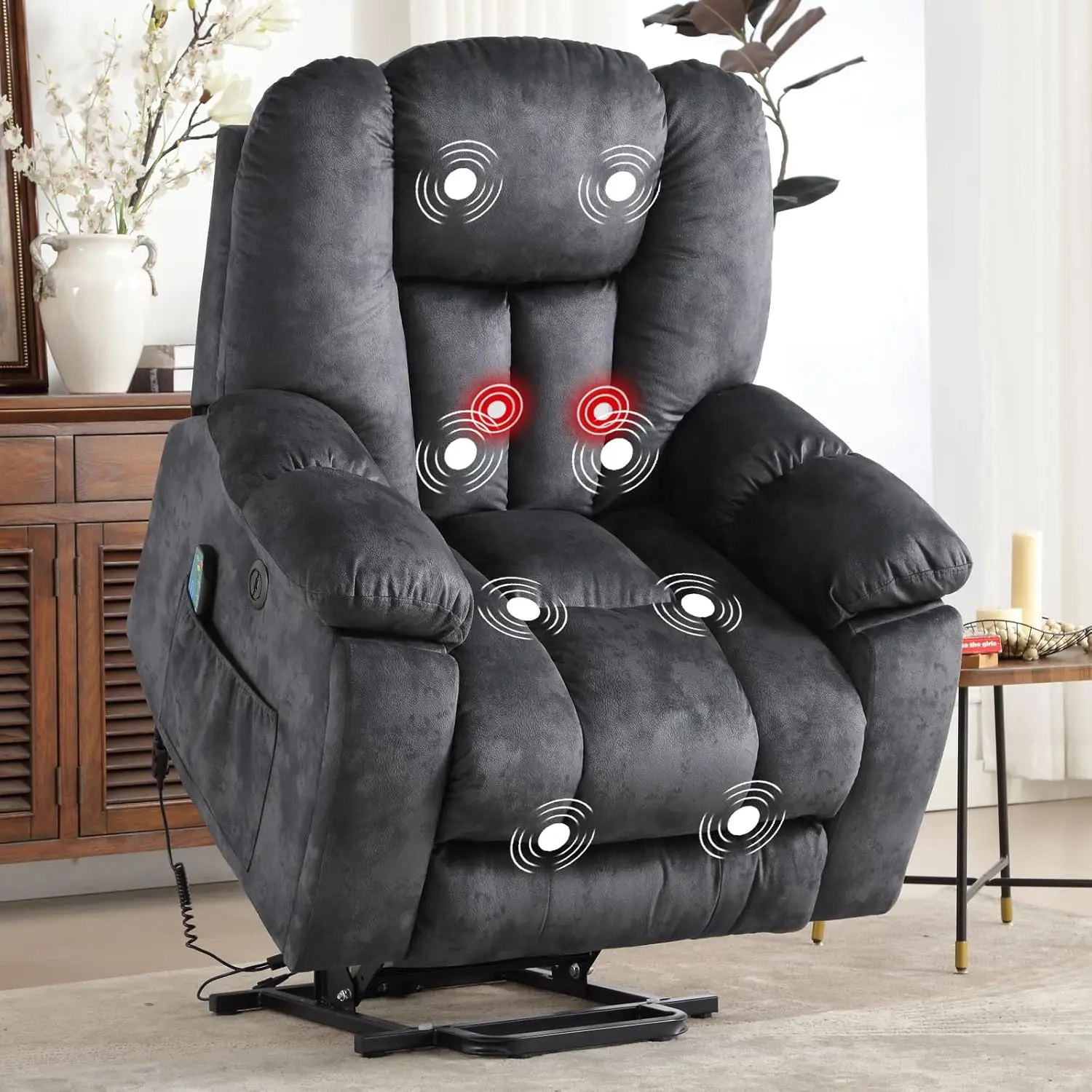 Grande fauteuil inclinable Power Lift avec massage, chaleur et USB pour personnes âgées, larges fauteuils inclinables rembourrés, robustes et de sécurité