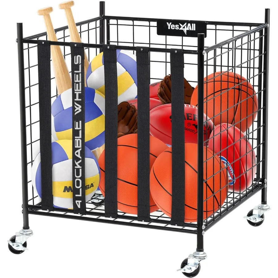 

YES4ALL Rolling Ball Cart Storage with Lockable Wheels Volleyball Basketball Holder Toy Balls Bin Garage Cage Storage Racks Spo