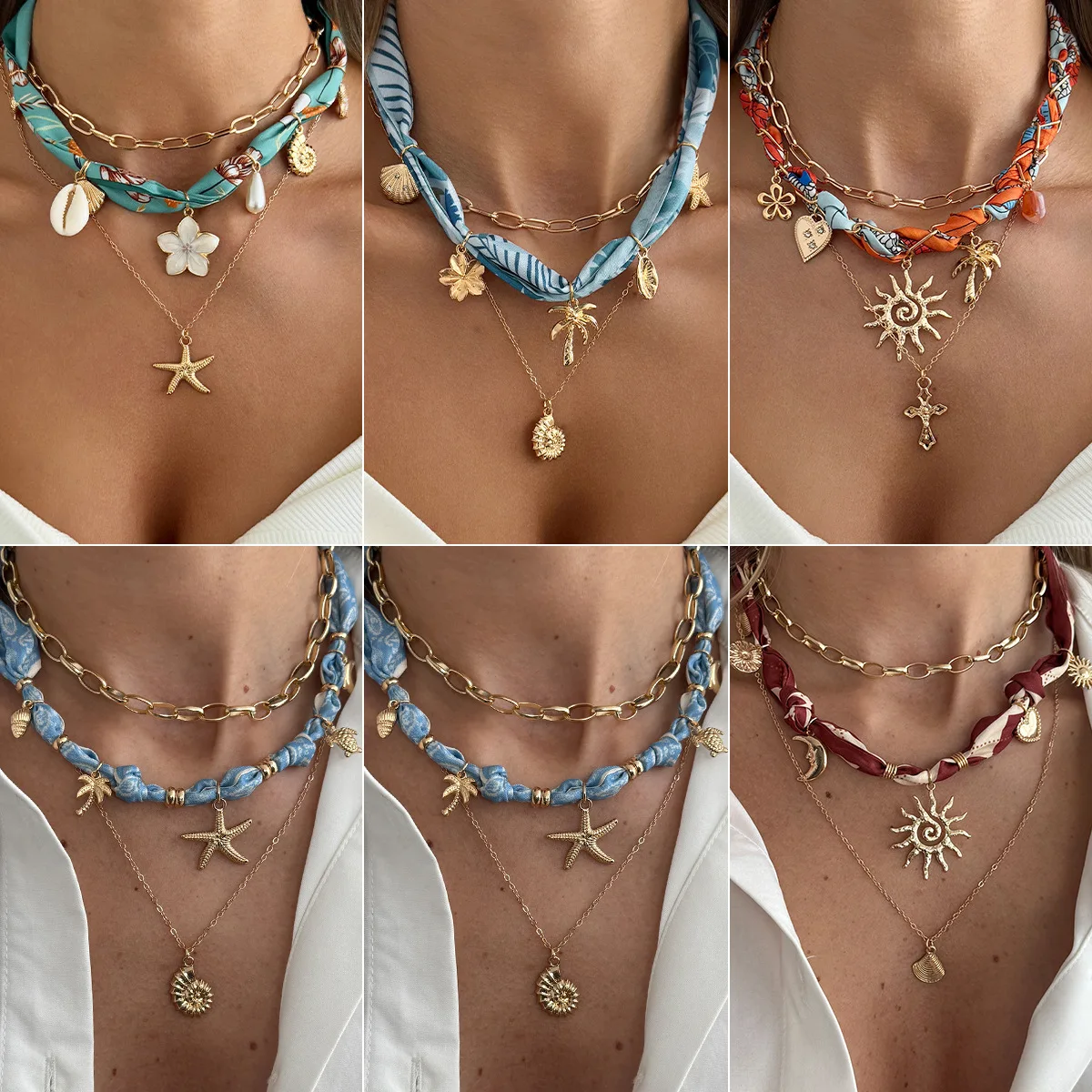 Necklace Shell Starfish Heart Floral Pendant Scarf Layer Tribal Summer Beach Adjustable Lightweight Sturdy Vacation Jewelry