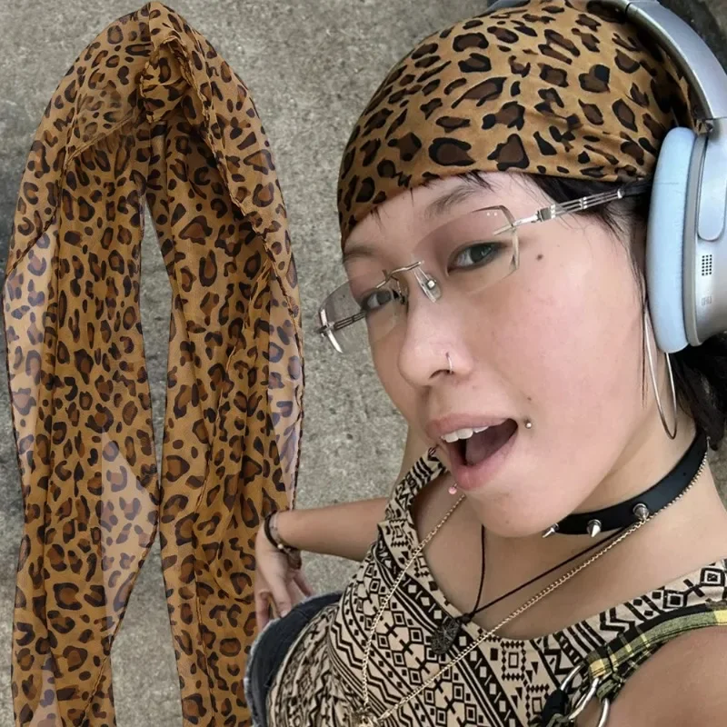 Leopard Print Square Scarf Spicy Girl Thin Satin DIY Hip-hop Y2K Square Scarf Women Headband Lady Hairband Wrap Neckerchief