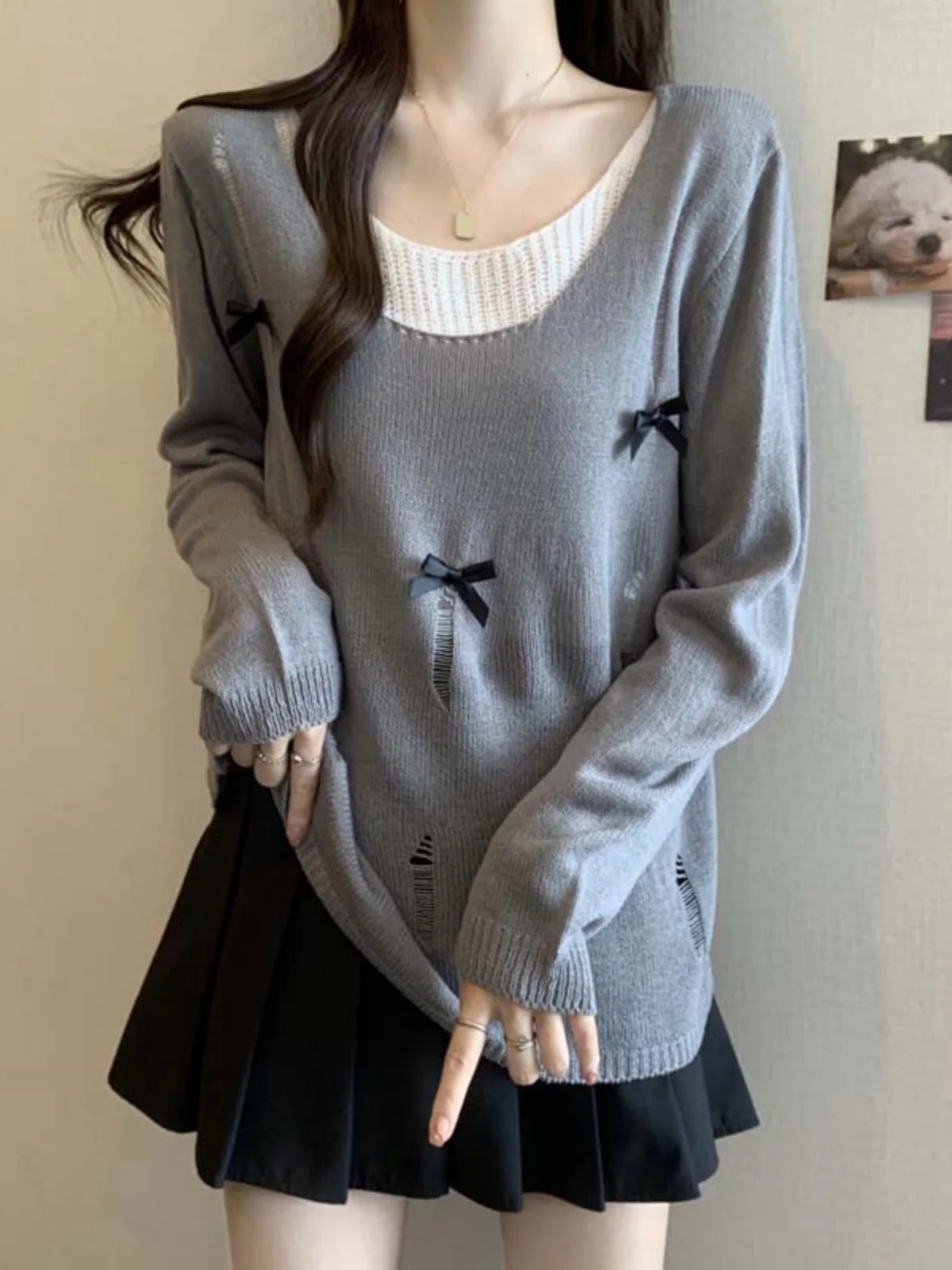 Unique Loose Bow Hole Breaking Design Top Long Sleeve Fake Two Piece Pierced Knitted Shirt For Women Spring Autumn New Large
