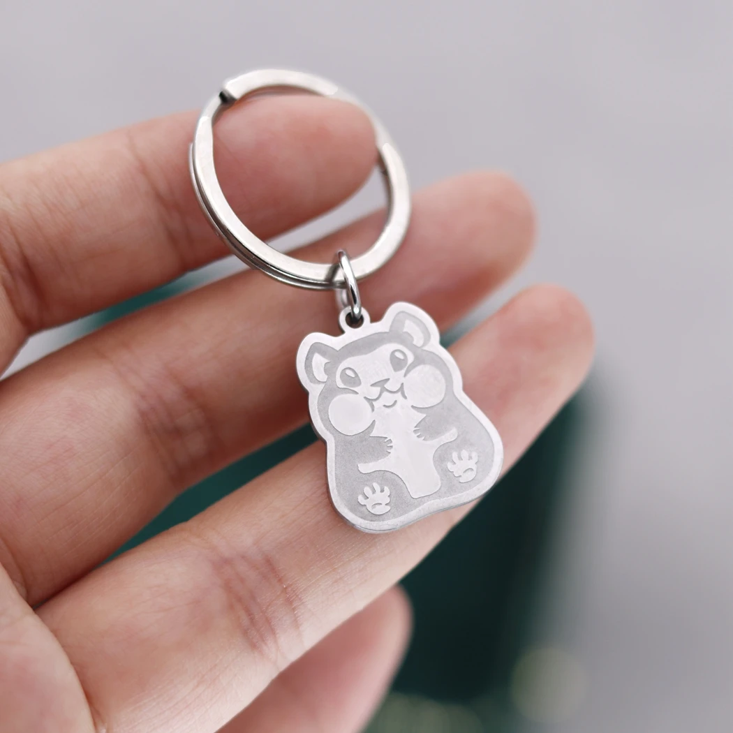 QIMING Custom Name Keychains Women Chubby Cheek Hamster Key Ring Stainless Steel Jewelry Engraved Keyring Men Gift