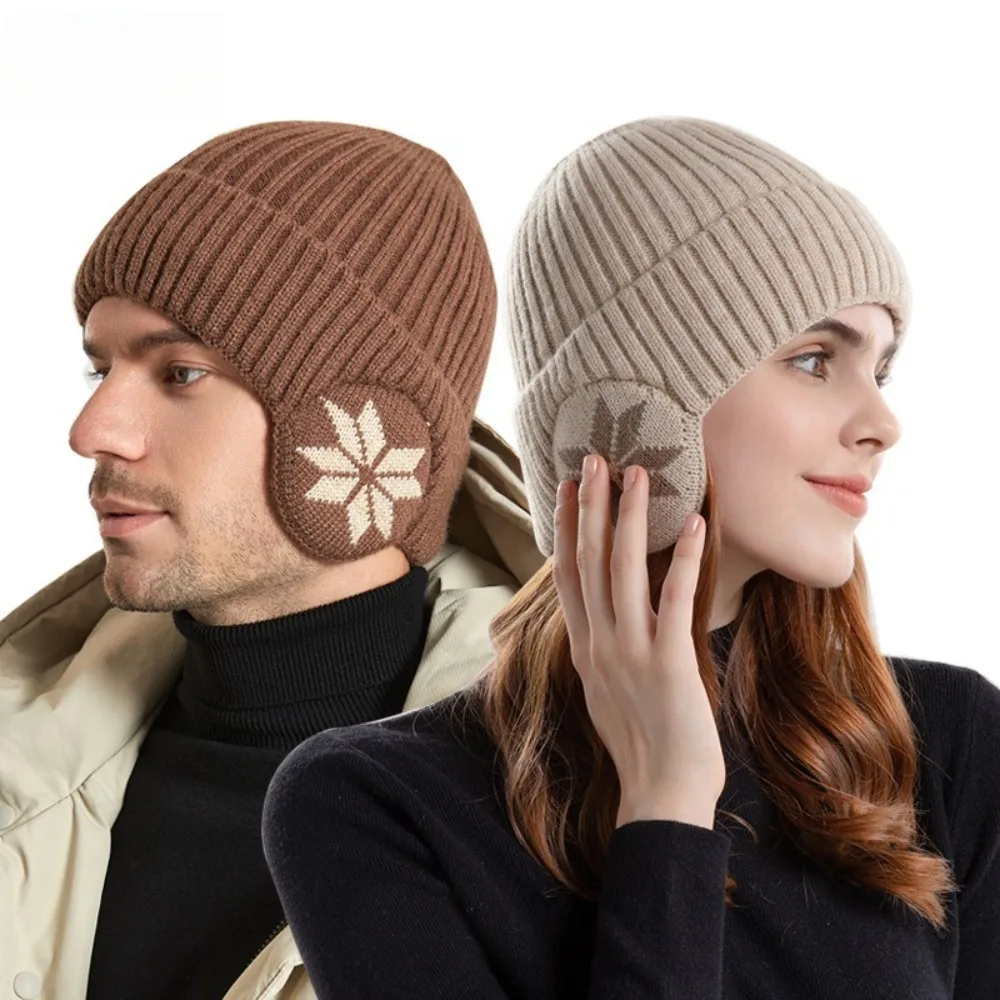 Winter Ear Protection Hat with Snowflake Pattern Knit Beanie Fleece Lined for Cycling Skiing Cold Weather Unisex Warm Cap Hats