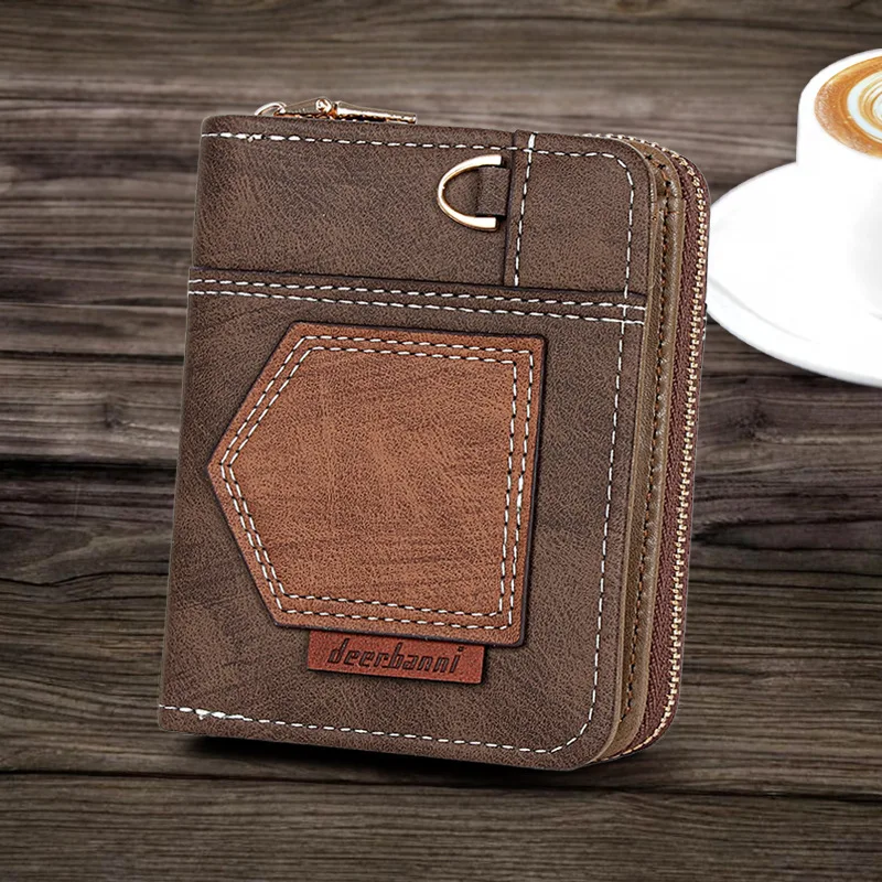 Patchwork Men's Dollar Wallet Minimalist Bifold Compact Vintage Coin Purse Business Zipper Pocket Slim Design