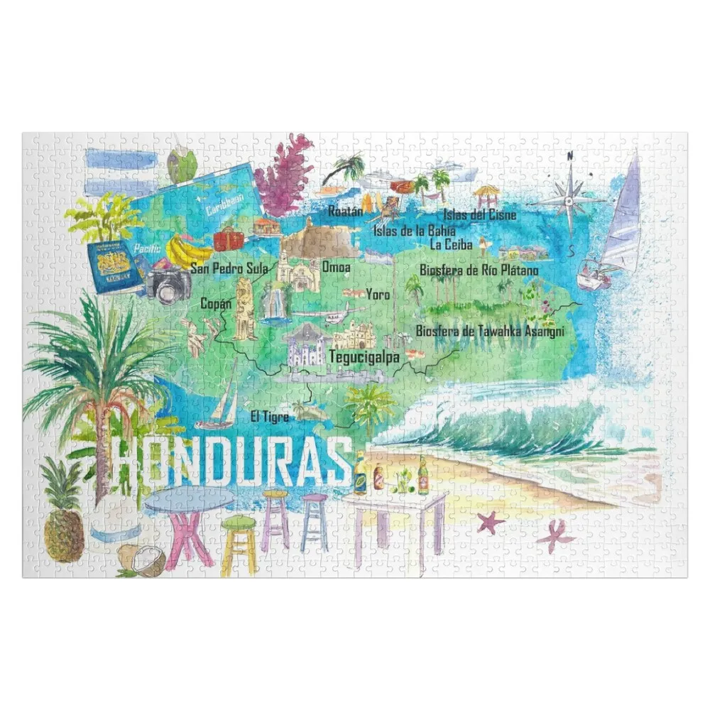 

Honduras Illustrated Travel Map with Roads and Tourist Highlights Jigsaw Puzzle Game Children Custom Gift Puzzle
