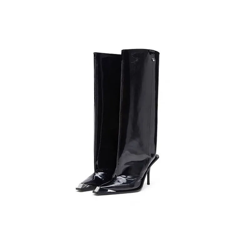 

New High-Heeled Metal Pointed Loose Straight Leg Boots, One Foot Long Boots, Cross-Border Plus Size Black Knight Boots