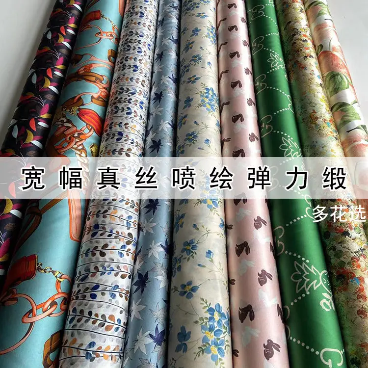 140 Wide Summer Heavy Digital Printed Silk Real Silk Spandex Silk Satin Fabric Variegated Cheongsam Dress Fabric
