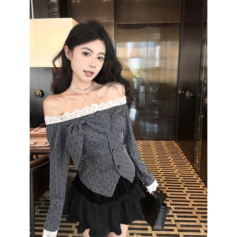 

MEXZT винтажные рубашки в горошек, женские укороченные блузки с разрезом на шее и бантом, элегантные корейские кружевные лоскутные топы с длинными рукавами, тонкий дизайн