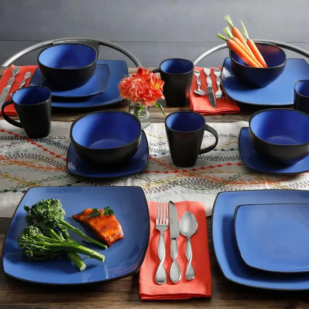 

Contemporary Square Stoneware Dinnerware Set 4 Blue Microwave Dishwasher Safe Unique 2-Tone Glaze Stylish Tableware Dining Set