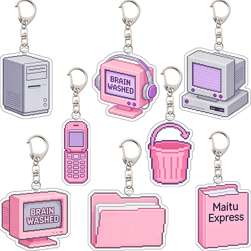 Computer Mobile Phone File Pixel Style Acrylic Keychain Bag Hanging Ornaments Cute Cartoon Pendant Decoration Collection Gift