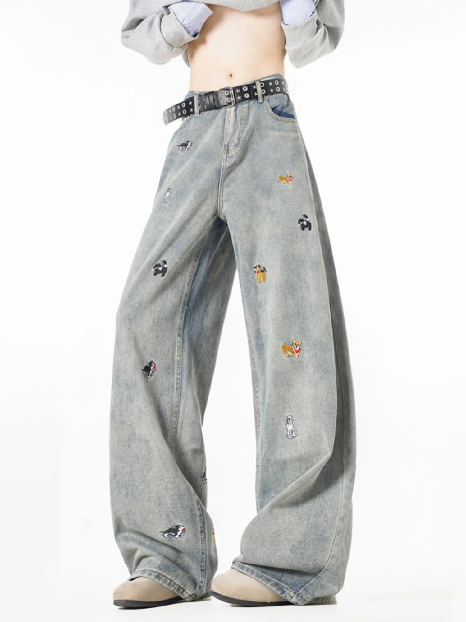 

Women's Light Blue Wide Leg Jeans High Waist Embroidered Dog Vintage Y2K Baggy Washed Denim Pants