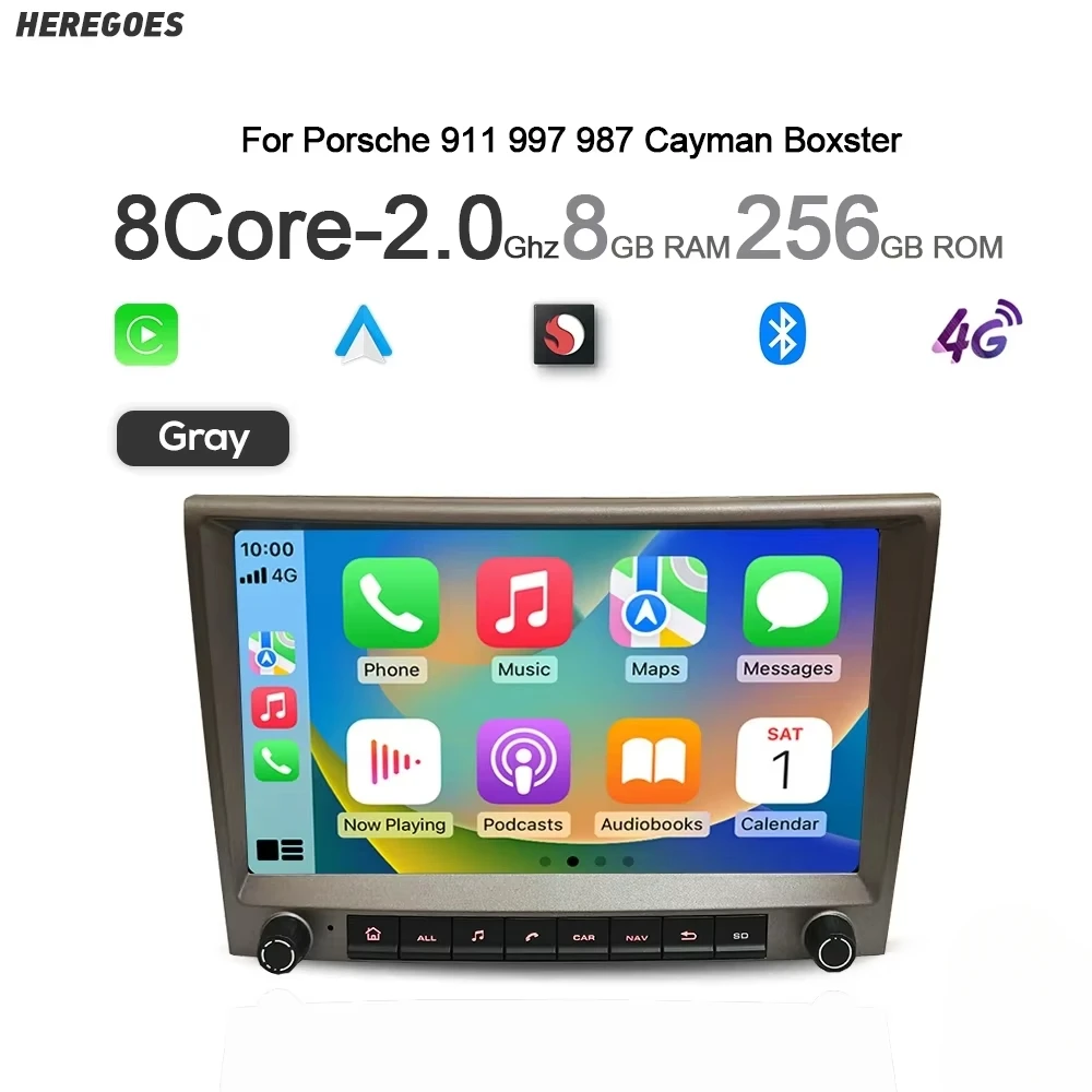 Gray 720P Auto Android 13 For Porsche Cayman 911 987 Boxster 997 CarPlay Car Radio GPS Multimedia Navigation 4GB Bluetooth Wifi