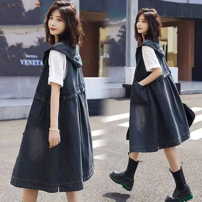 

Retro Pocket Hooded Long Denim Vest Women's Summer Sleeveless Windbreaker Tank Top Spring And Autumn Jeans Waistcoat Z1436