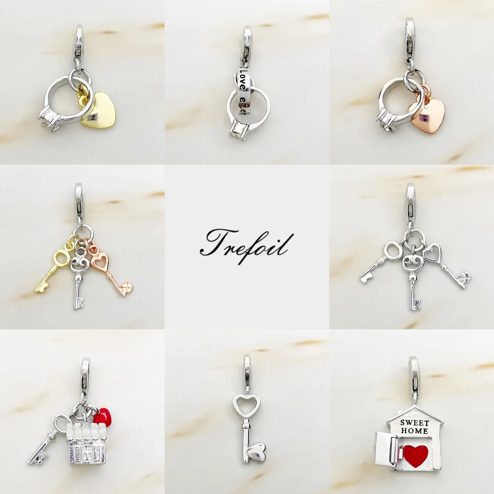 Heart Key Love Ring House Charms Pendant,Fashion Jewelry 925 Sterling Silver Romantic Gift For Women Girls Fit Bracelet Necklace