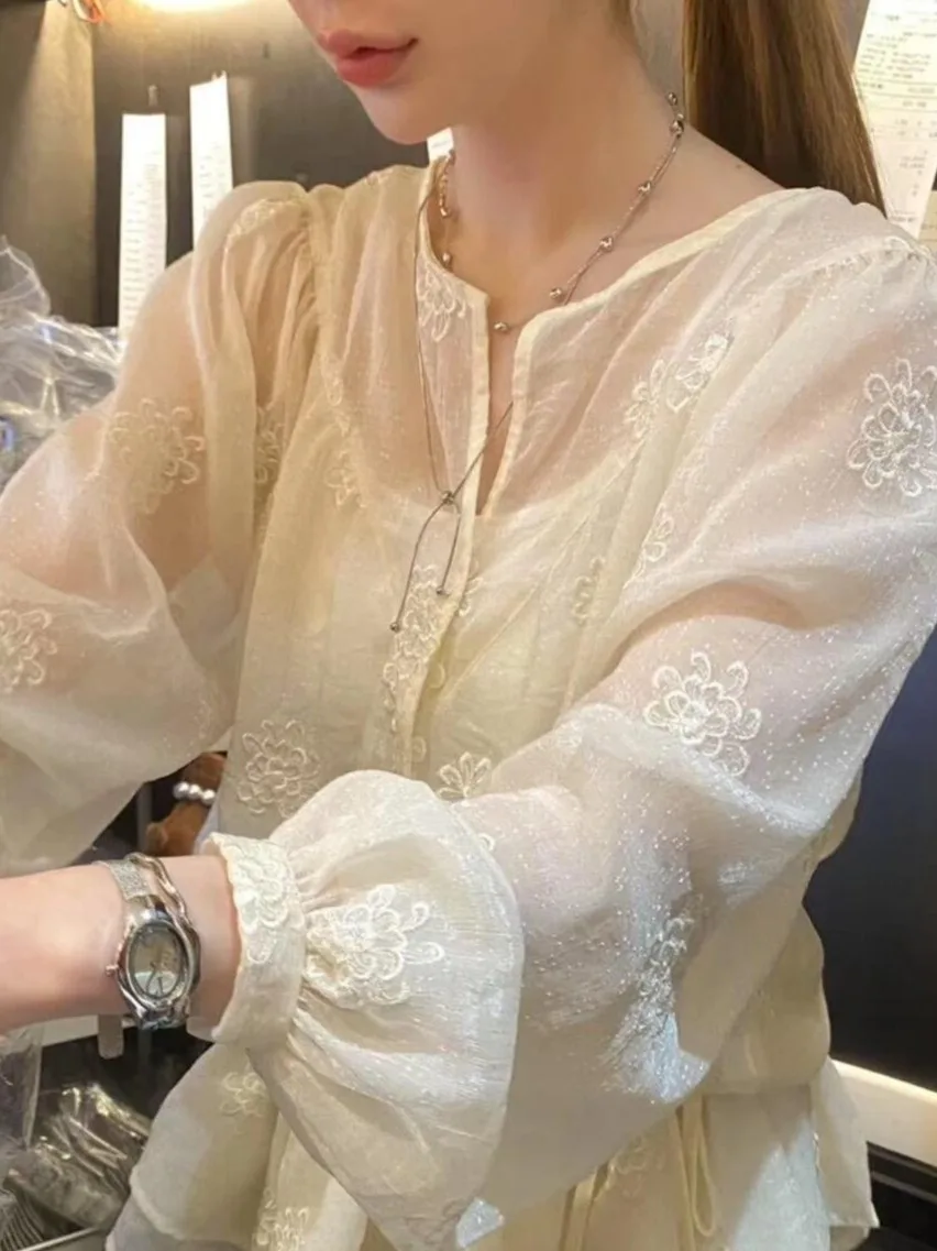 

Ele Вышитое кружево irt Женский нежный прозрачный топ с поясом, мягкий модный возрастной топ Long Sve