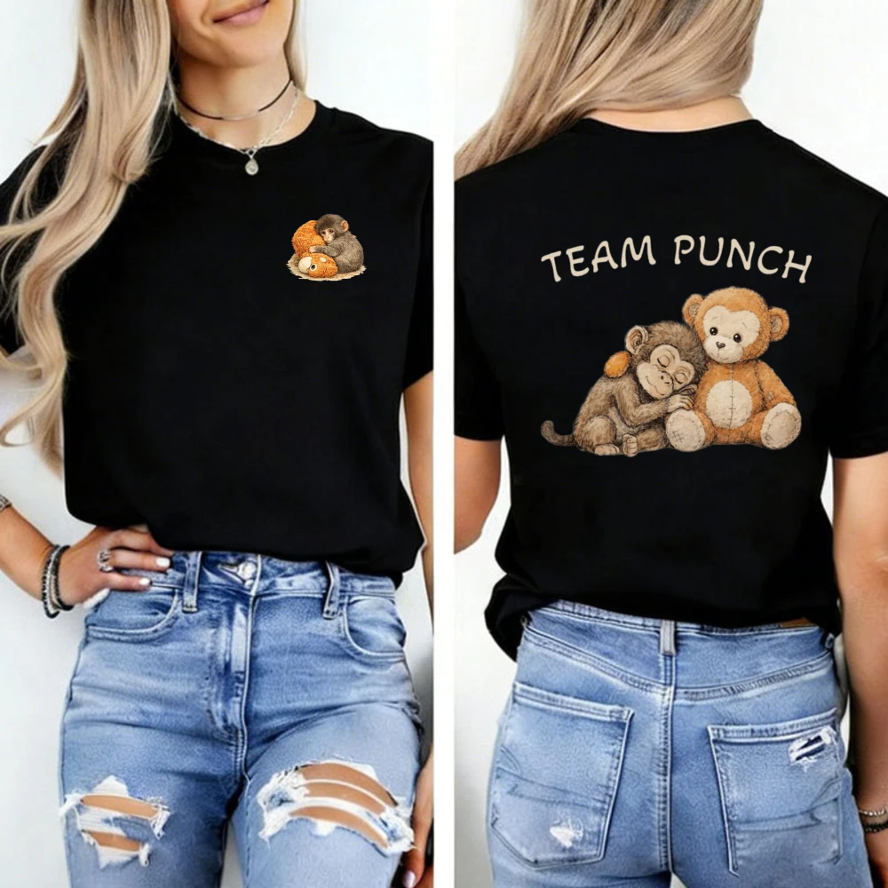 Team Punch Hugging Plush Front T-Shirt Punch Monkey Shirt Viral Macaque Cozy Nostalgic Casual Tops Y2k Top Graphic T Shirts