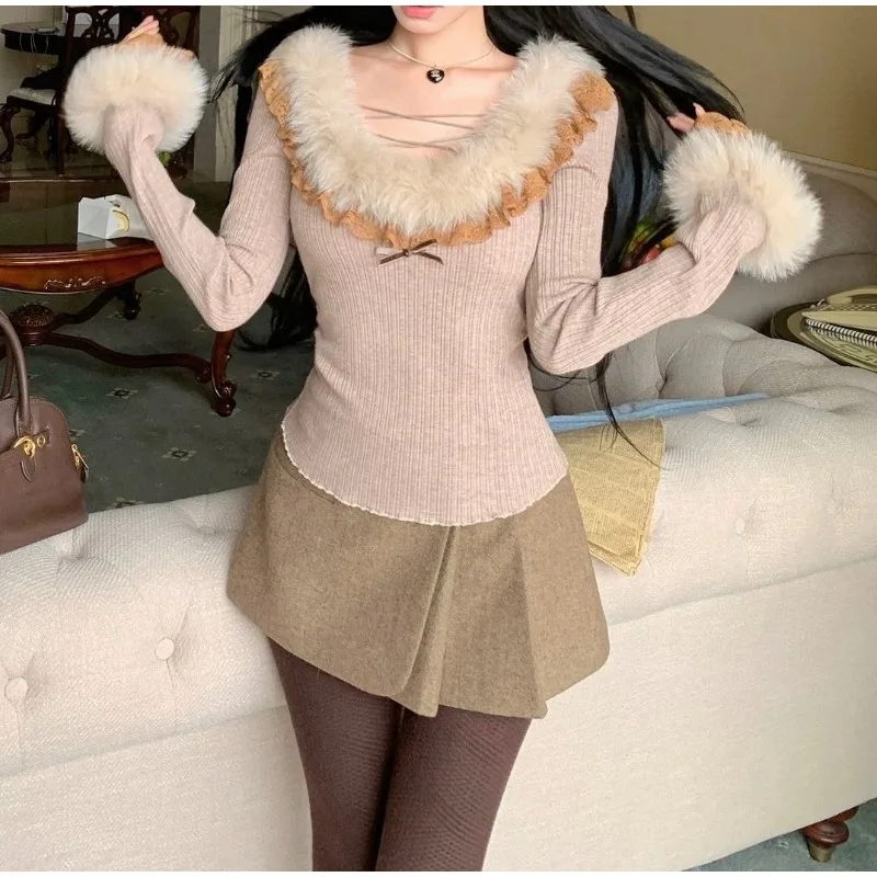 

French Fluffy Spliced Lace Knitted Sweater Women's Autumn and Winter New Slim and Thin Cross-strap Top