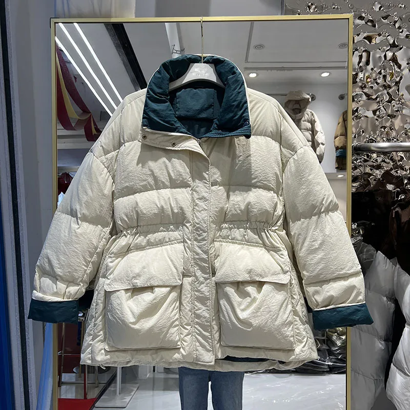 

2023 Winter New Women Jacket Chic Design Stand Collar Casual Warm Down Cotton Coat Korean Fashion Thick Contrast Parkas