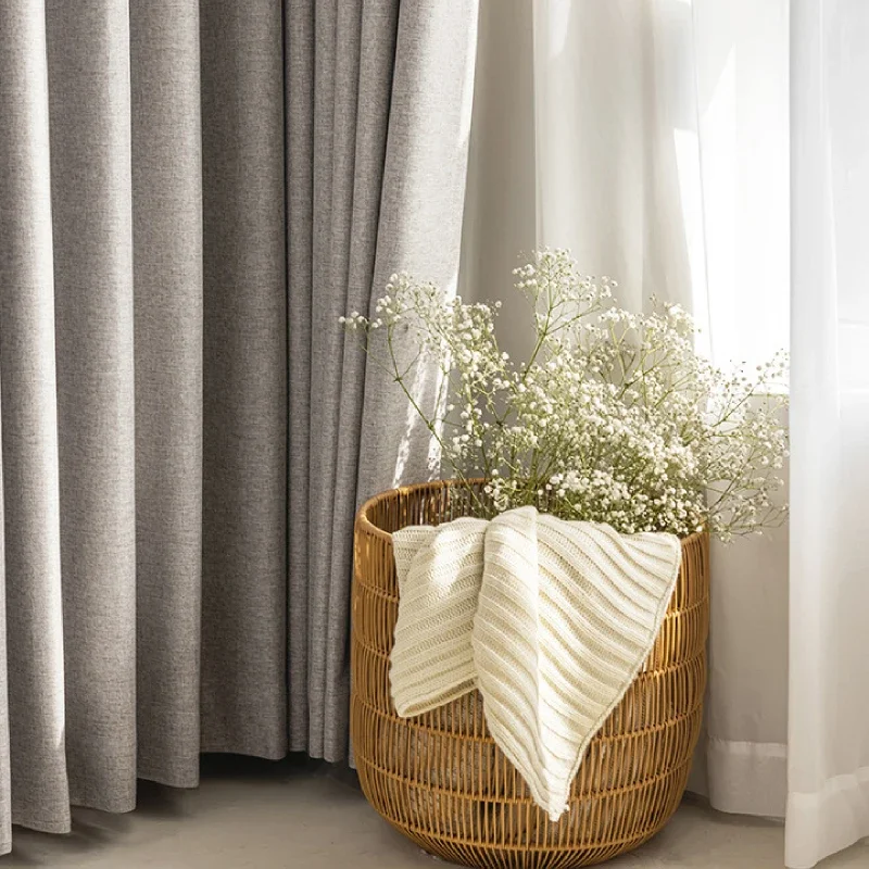 Customized Bamboo Charcoal Grey Cotton Hemp Full Blackout Curtains for Living Room Bedroom Balcony Bay Window French Window