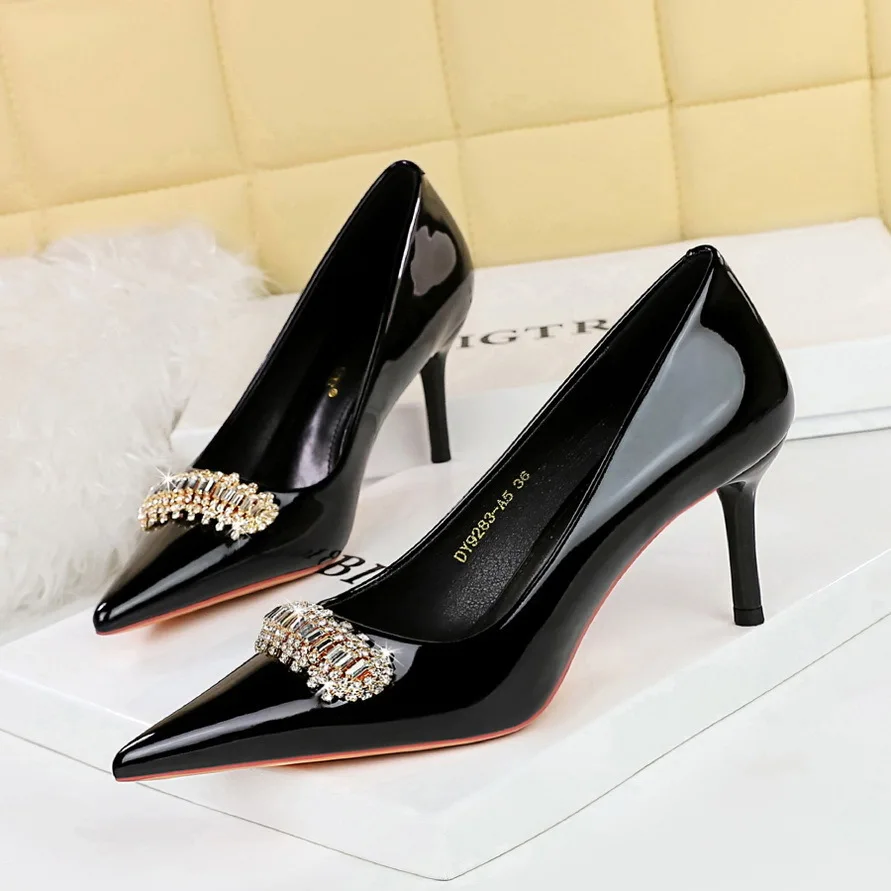 2025 туфли женские Wind Light Luxury Women's With Thin High Heels Shallow Lacquer Leather Metal Water Diamond Pumps  Women Shoes