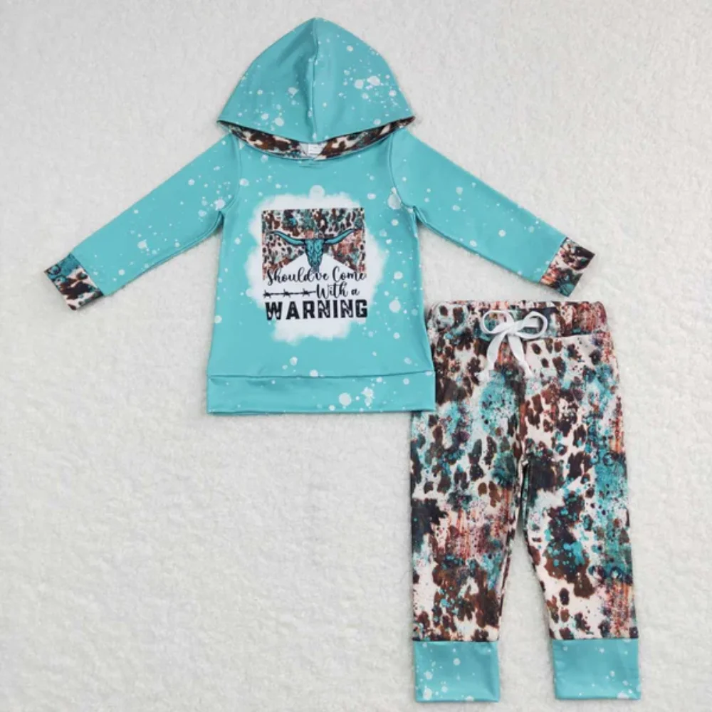 

Bright Blue Outfits Long Sleeve WARNING Yak Pattern With Hat Leisure Long Pant Set