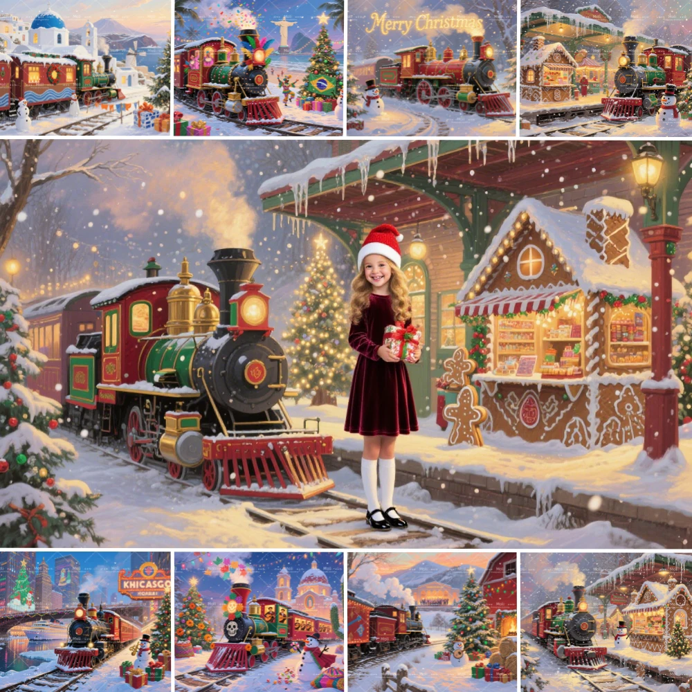 

Christmas Colorful Train Background Photography New Year's Eve Snowman Xmas Tree Gift Backdrop Booth Kids Winter Birthday Photo